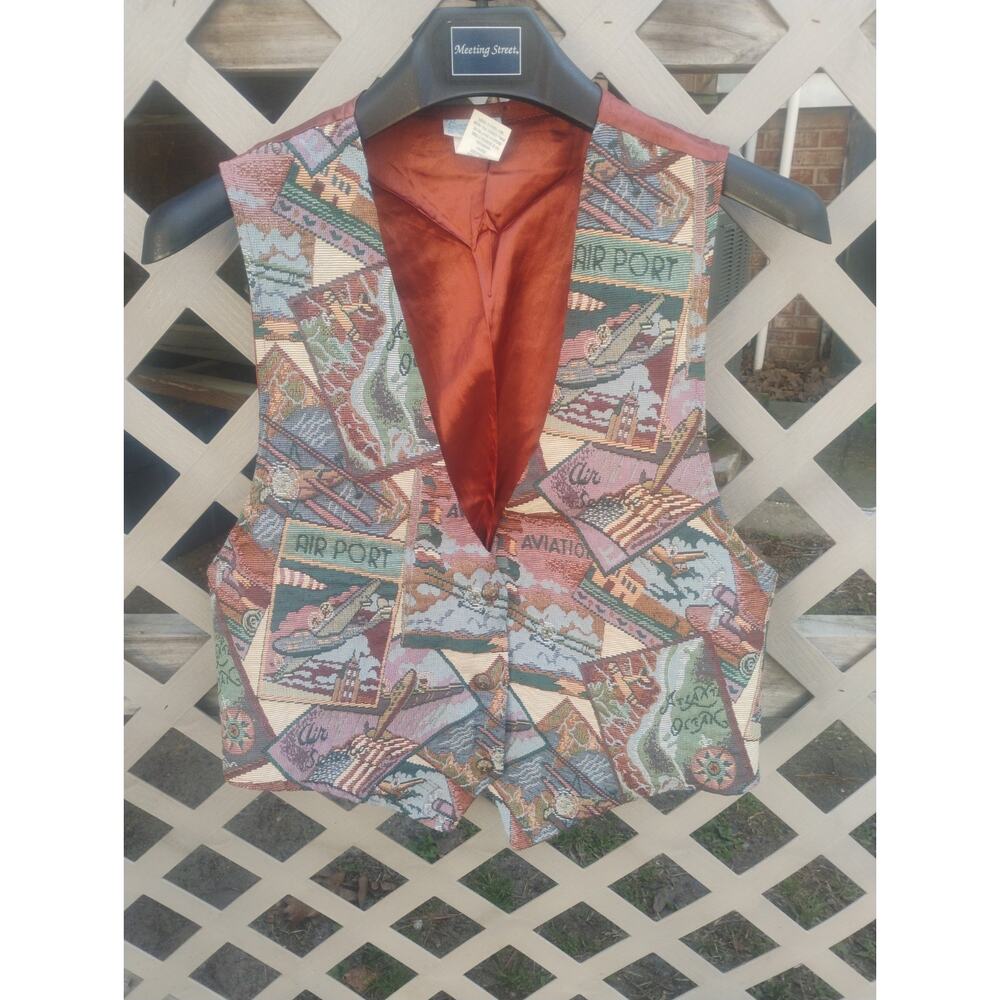 Vintage Tapestry Vest Large Aviation Airplane Travel Print Button Front Lined